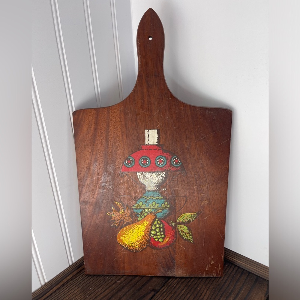 Vintage MCM Mahagony Cutting Board with Colorful Design